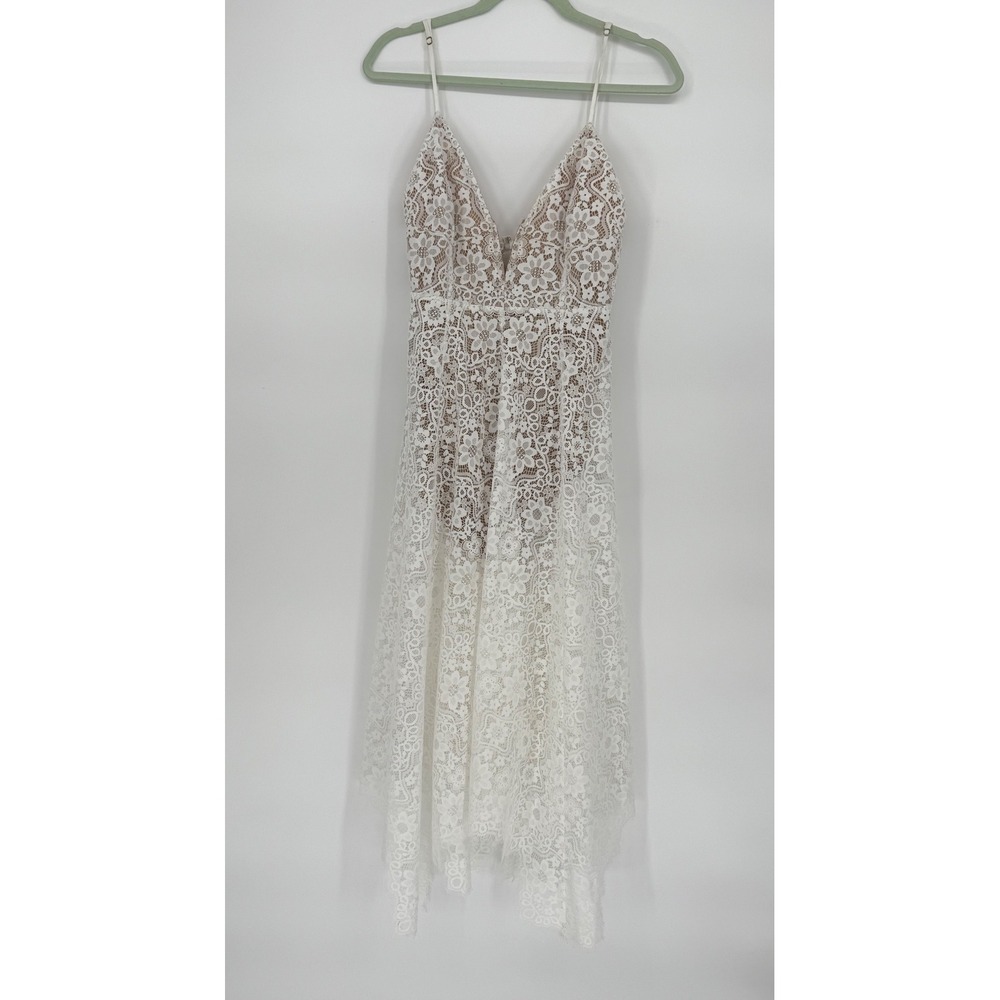 For‎ Love and Lemons White Lace Midi Dress Deep V Neck Size M Sheer Fairy Bride - Picture 6 of 16